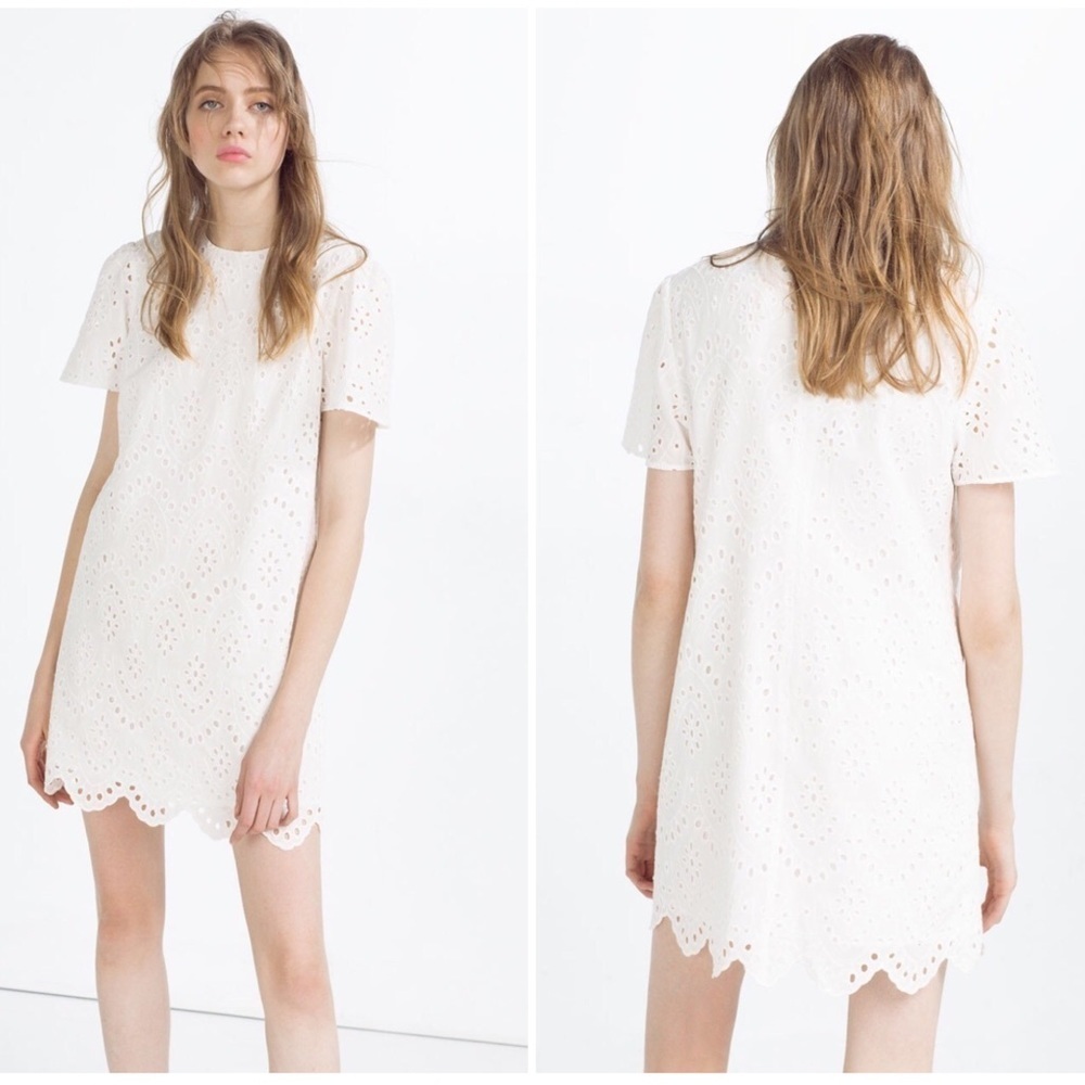 Zara white eyelet shift scalloped dress Small - Picture 1 of 15